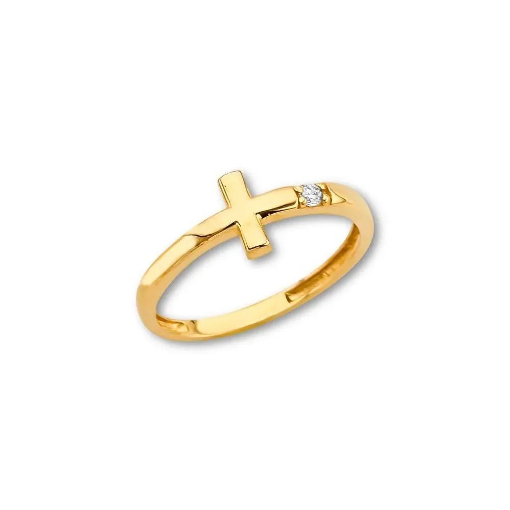 14K Gold CZ Cross Ring | Dainty Yellow Gold Band By Tehrani Jewelry